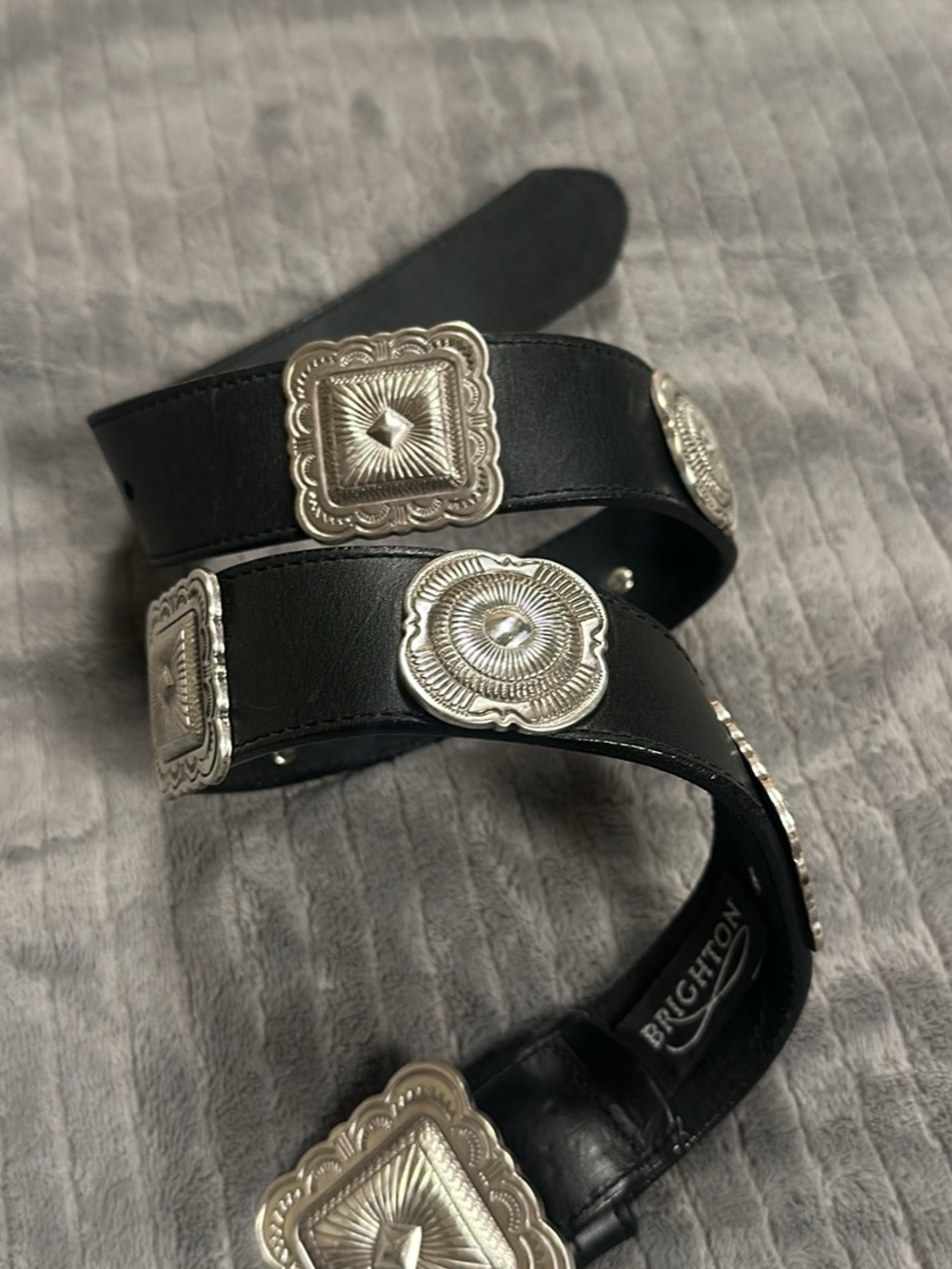 Vintage Brighton Black Leather Concho Belt, Silver Western Boho, Made in USA